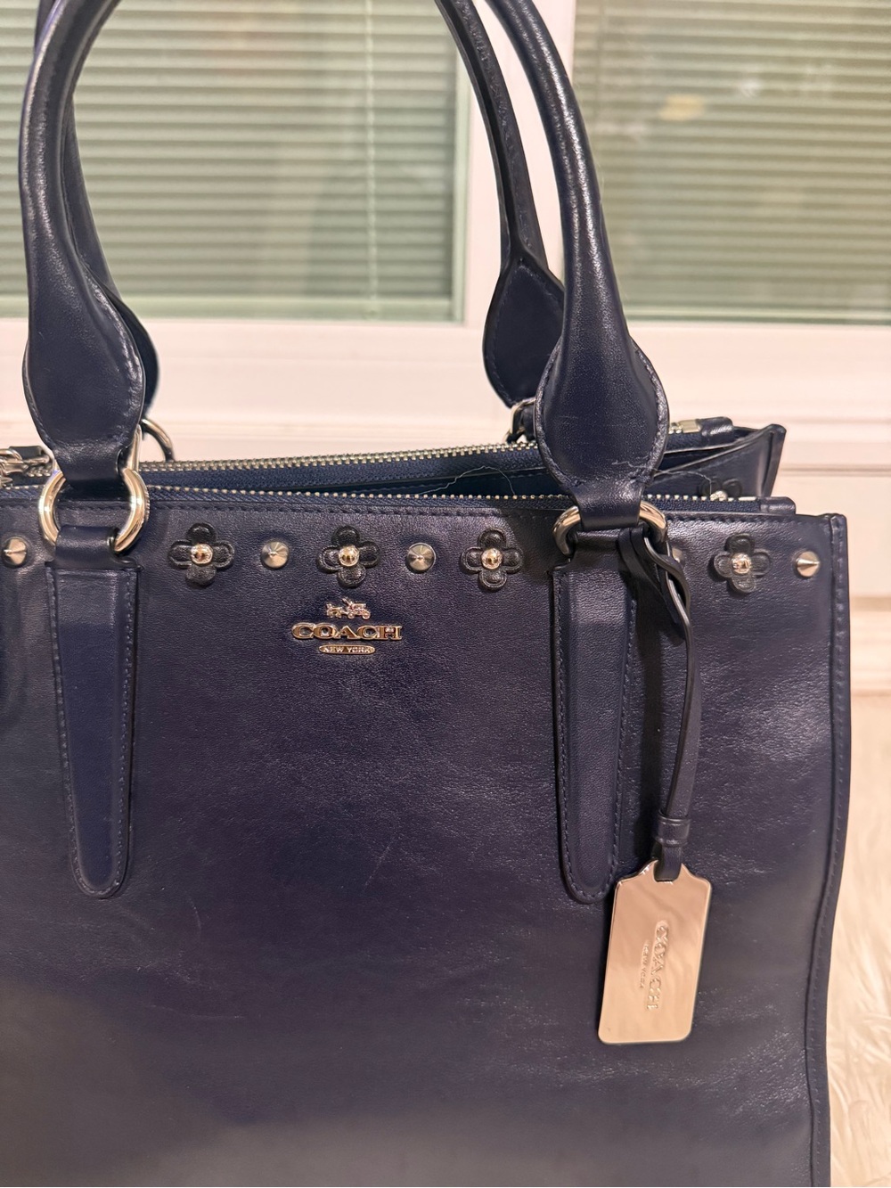 Coach Navy Leather Top-Handle Satchel - Picture 7 of 9